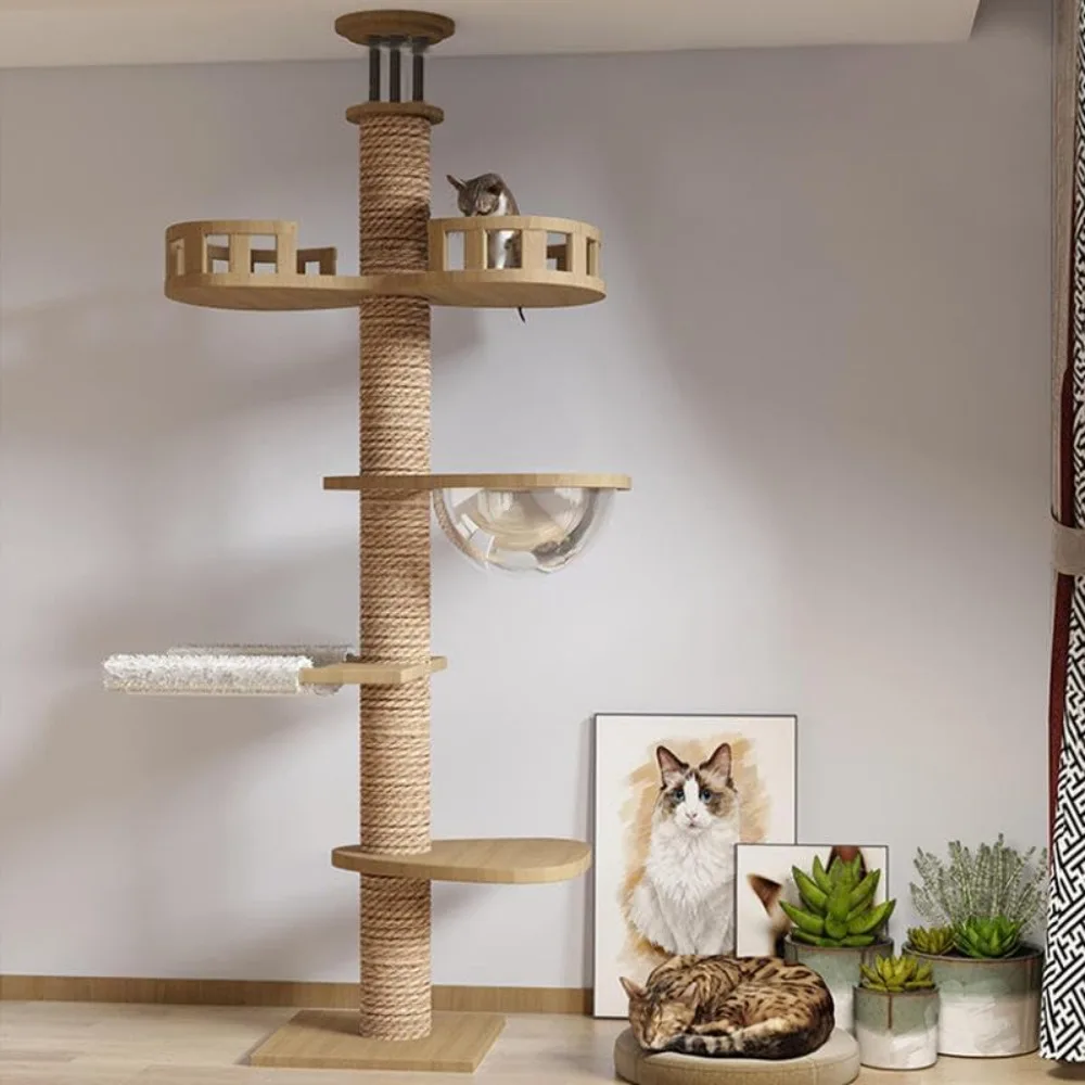

Wooden Large Cat Tree Floor to Ceiling Cat Tower Height Adjustable， Floor to Ceiling cat Tree ， Space Capsule, Natural Sisal Rop