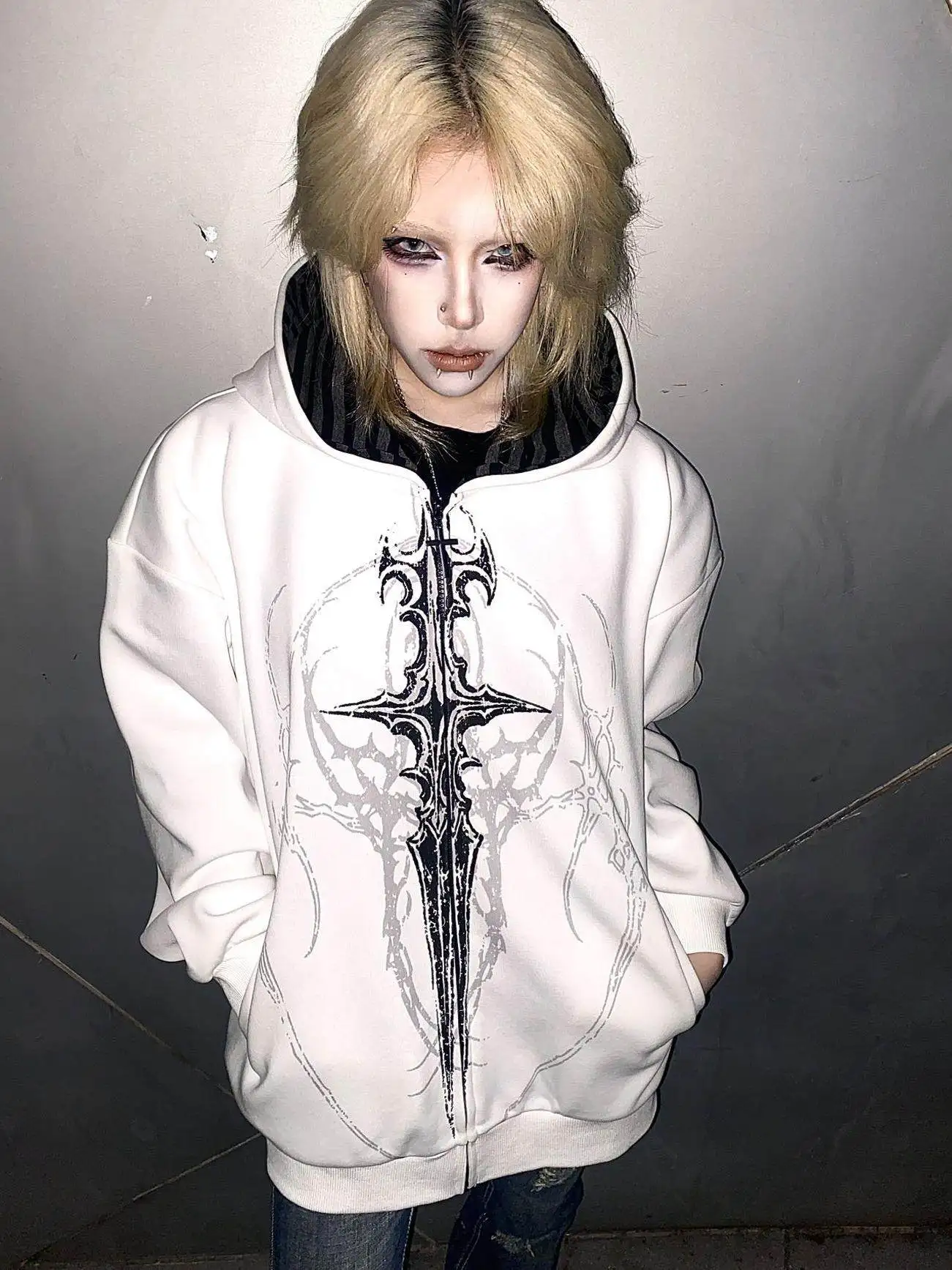 

Original Subculture Y2k Long Sleeve Thin Hooded Jacket Millennial Babes Goth Rock Punk Loose Coat Tattoo Printed Top for Women