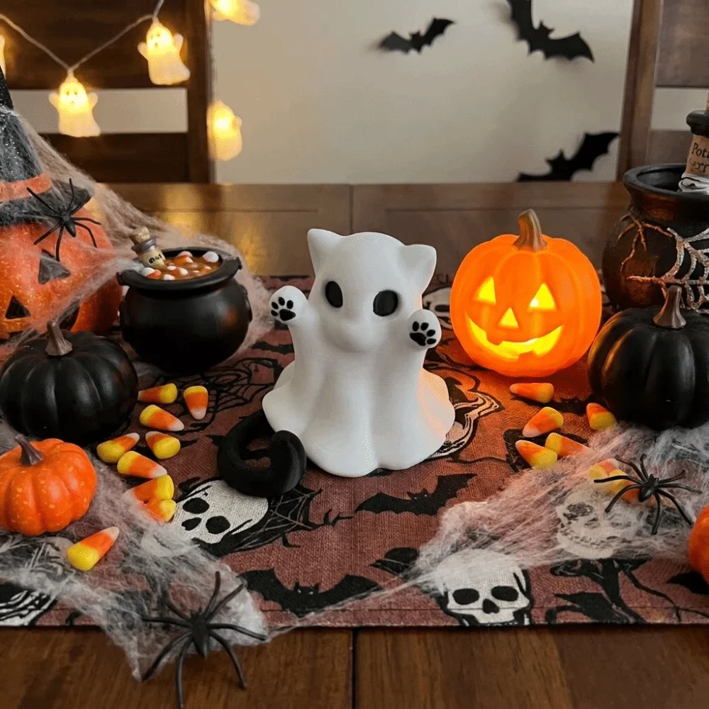 3D-printed Halloween Kitten Ghost Ornament Hand-Raising Posture Plastic Ghost Cat Figurine Mini Halloween Cat Desk Figurine