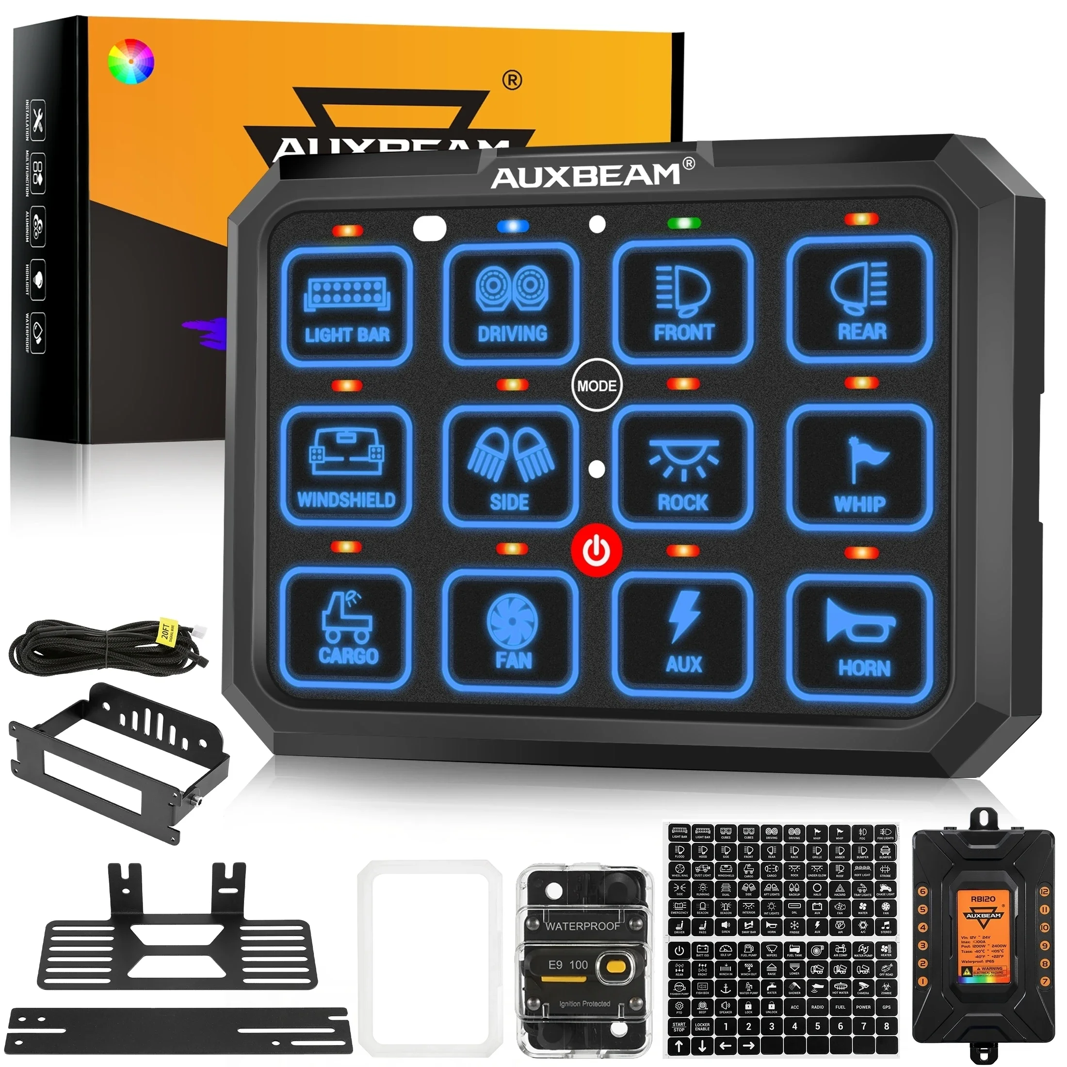AUXBEAM RB120 12 Gang RGB Large Switch Panel Universal 12V 24V Light On-Off Control Relays System for SUV UTV Boat Caravan