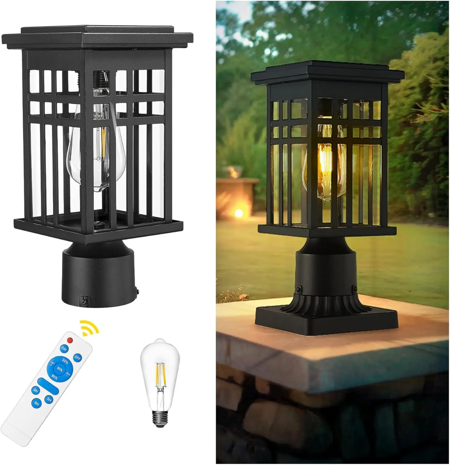 Poste de luz solar de 12 pulgadas, lámpara moderna para exteriores con control remoto, aluminio, acabado negro, vidrio transparente