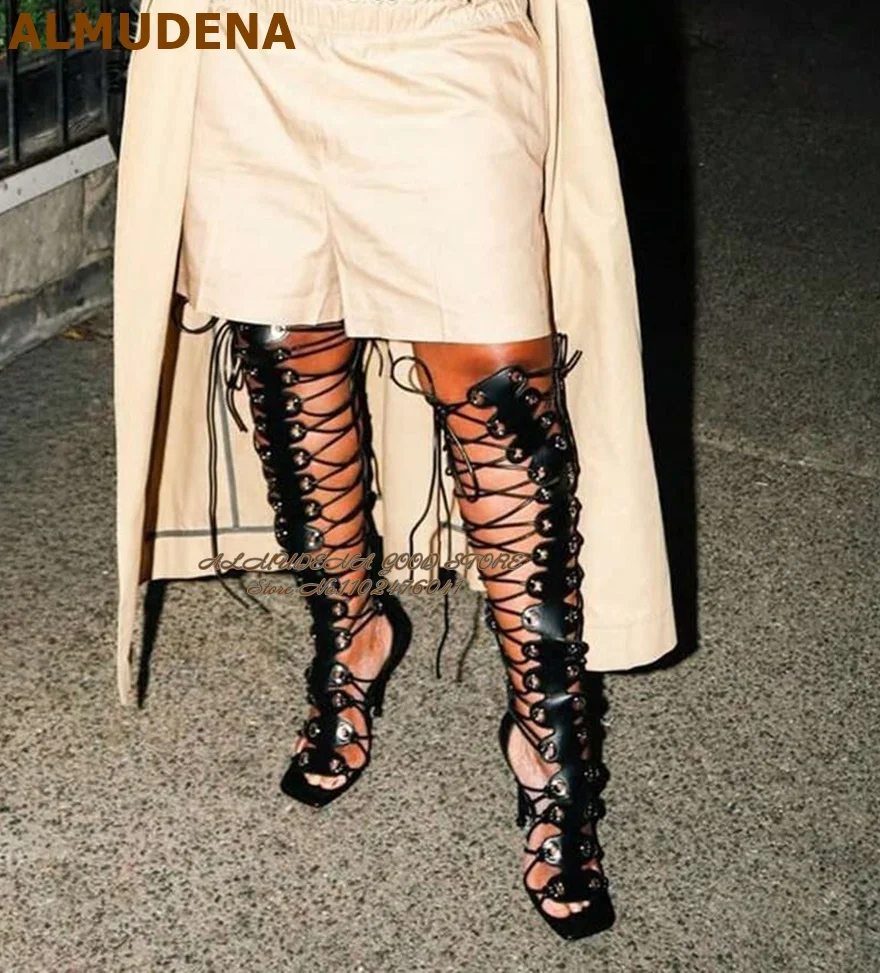 

ALMUDENA Black Matte Sexy Lace-Up Square Toe Roman Sandals Ring Buckles Summer High Heel Over The Knee Cool Boots Caged Shoes