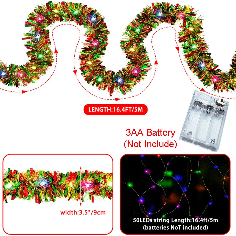 2026 Christmas Garland Sparkling Tinsel Coloured Ribbon Holiday Lighting New Year Christmas Tree Wedding Indoor Party Decoration
