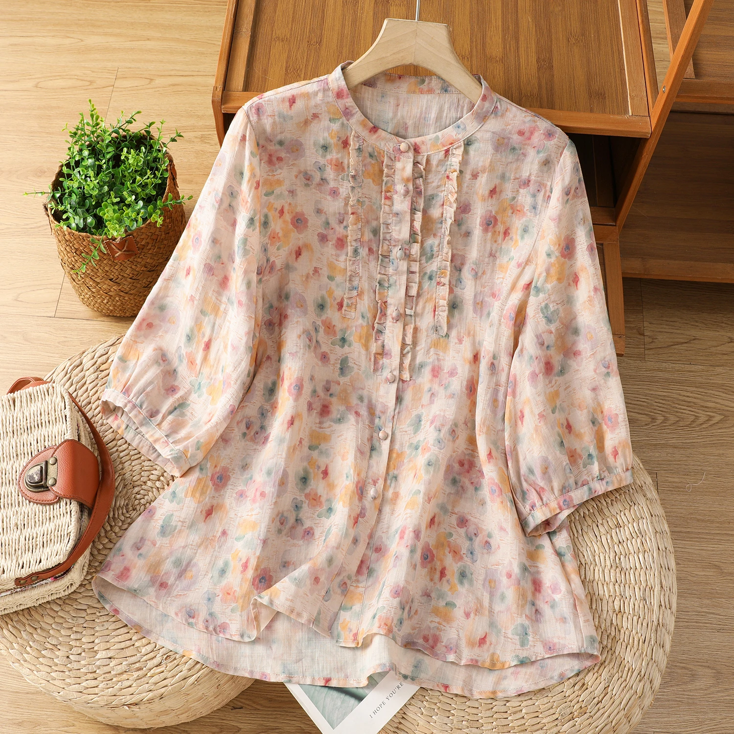 

Корейский стиль, милые хлопковые рубашки с цветочным принтом, блузки, женские летние повседневные свободные рубашки с короткими рукавами в винтажном стиле в стиле бохо, розовый топ с рюшами