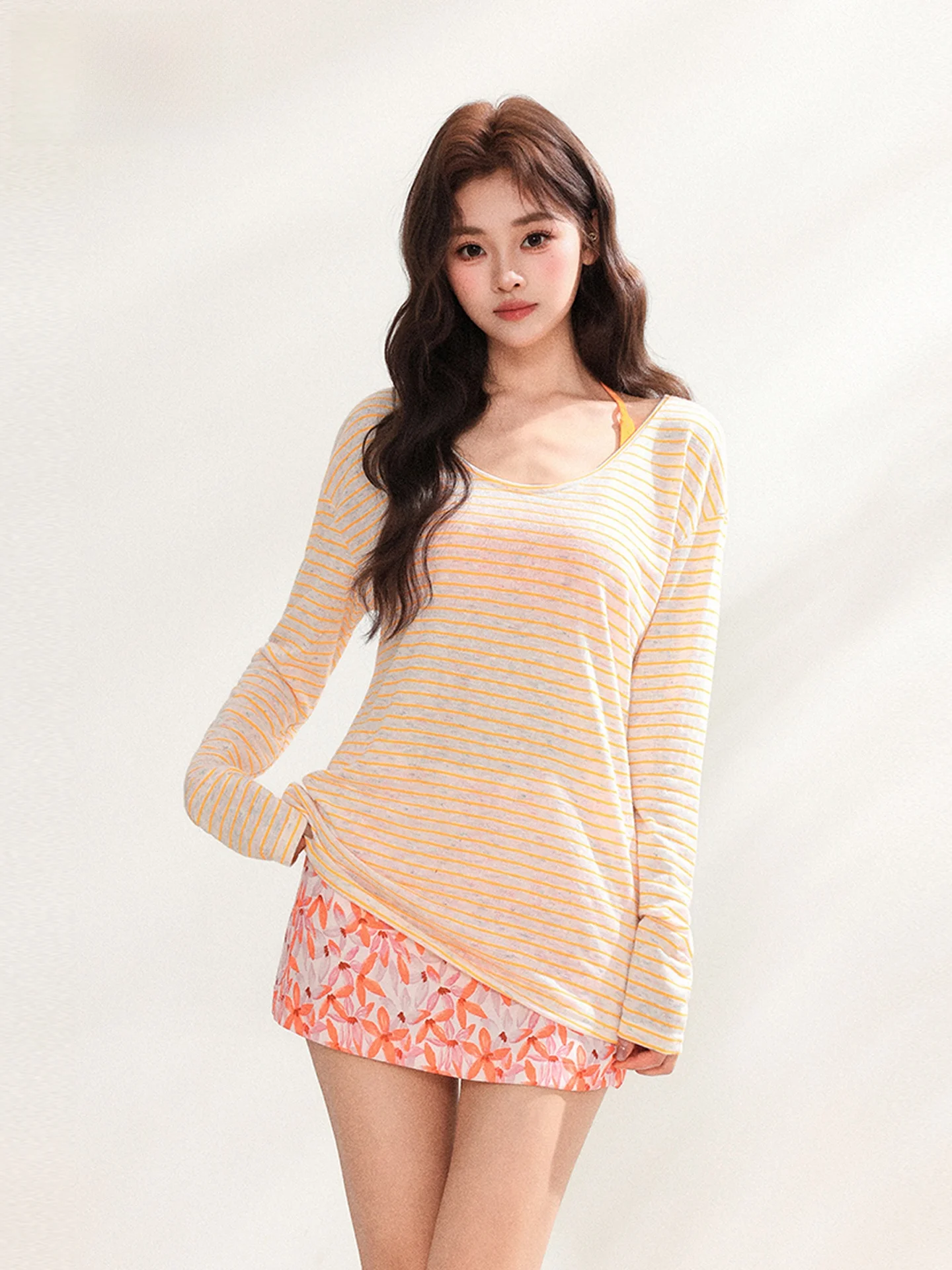 

Spring Casual Orange Striped Open Cardigan Set Women's Fashion Slimming Design Two-Piece Suit High Waist Floral Pattern Long ...