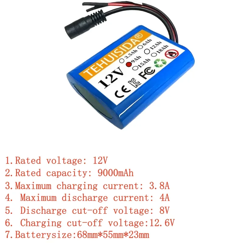 Batterie au Lithium 12V 3S1P 18650 9000mAh avec panneau de Protection BMS batterie Rechargeable en option chargeur spécial 12.6V 1A.