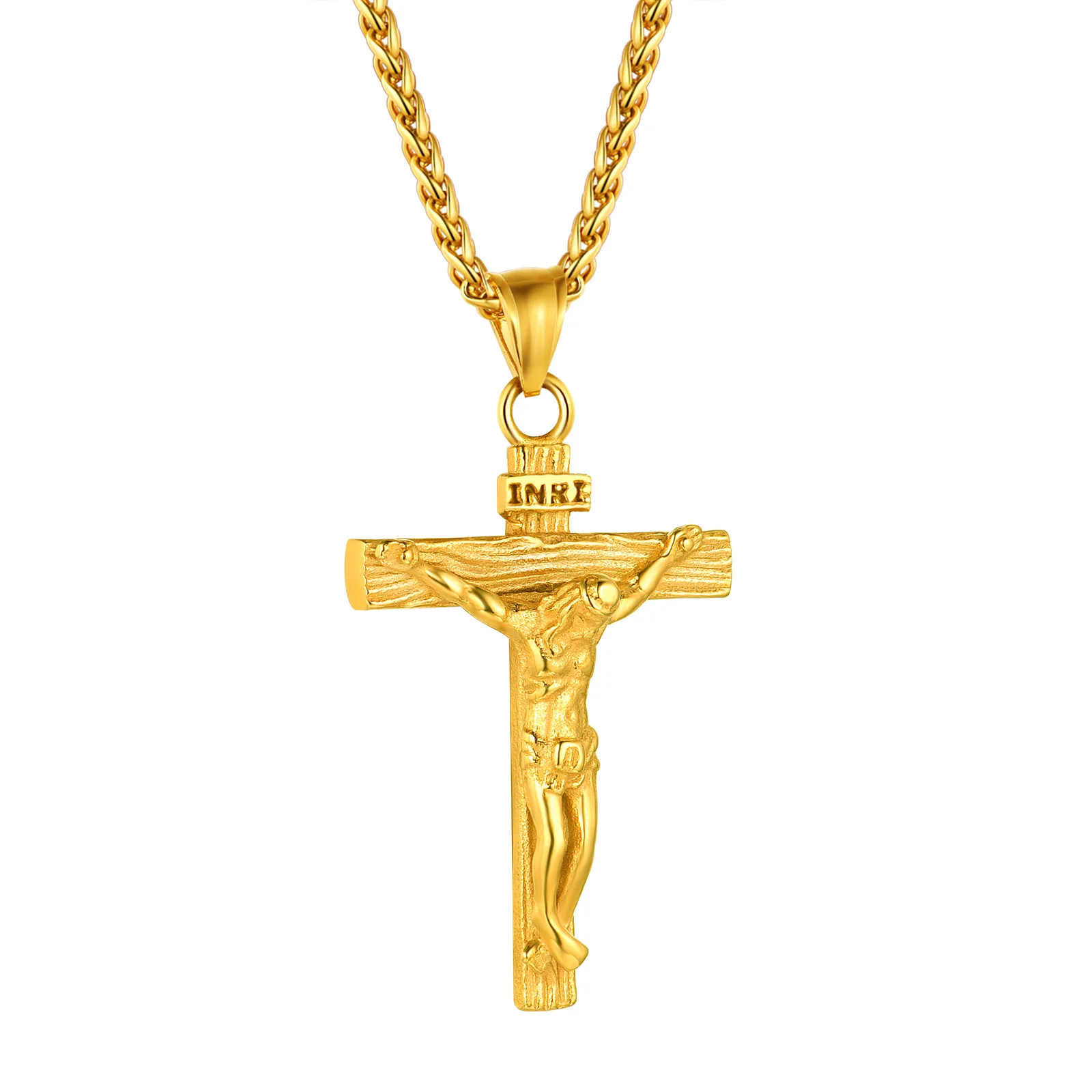 U7 Jesus Crucifix Cross Necklace for Men Women 3mm Link Chain 22inches Stainless Steel Faith Christian Religious Jewelry