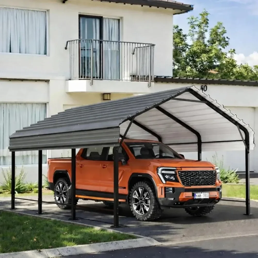HOT 12x15 Metal Carport, Heavy Duty Outdoor Vehicle Shelter with Steel Roof and Reinforced Frame for Car