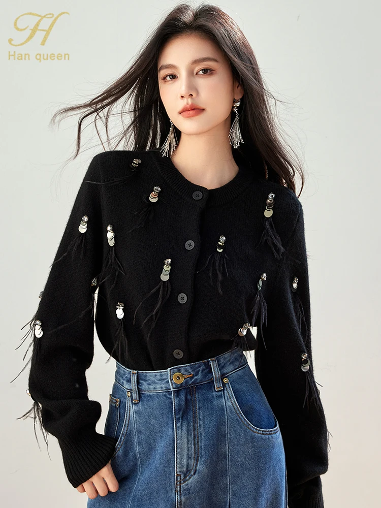 H Han Queen 2024 Autumn Simple Basic Black Tasseled Sequins Knitted Coats Cardigan Sweater For Womens Tops Long Sleeve Cardigans