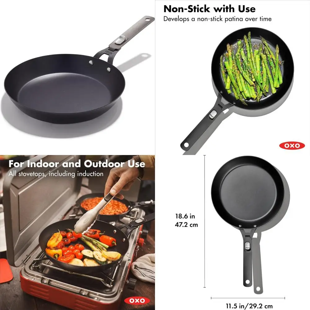 

OXO Outdoor Pre-Seasoned Carbon Steel 10-inch Frying Pan Skillet with Detachable Handle for Easy Storage, Ideal for Indoor Nonst