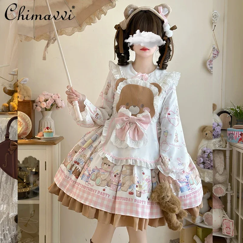 Original Sweet Girl Lolita Long-sleeved OP Dress with Apron 2024 Autumn Clothes New Kawaii Cute Bow Print Mini Y2k Dresses Women