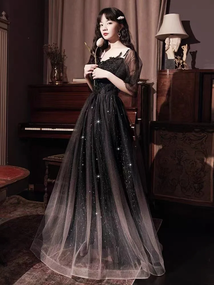 Elegante lentejuelas exquisito apliques de cuentas vestidos de graduación Línea A media manga francés largo banquete Vestido de fiesta de noche Vestido de fiesta