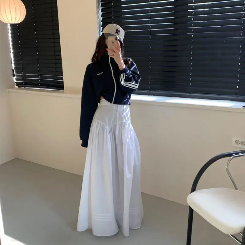 White Spliced A-Line Midi Skirt Women's Summer New Irregular Cut Pleated Long Umbrella Skirt High Waist Pure Color Maxi Skirt