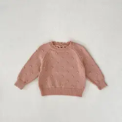 2024 Spring Ins Newborn Girl Baby Puff Ball Knit Pullover Shirt Boy Infant All-match Knitted Sweater Children Cotton Solid Tops