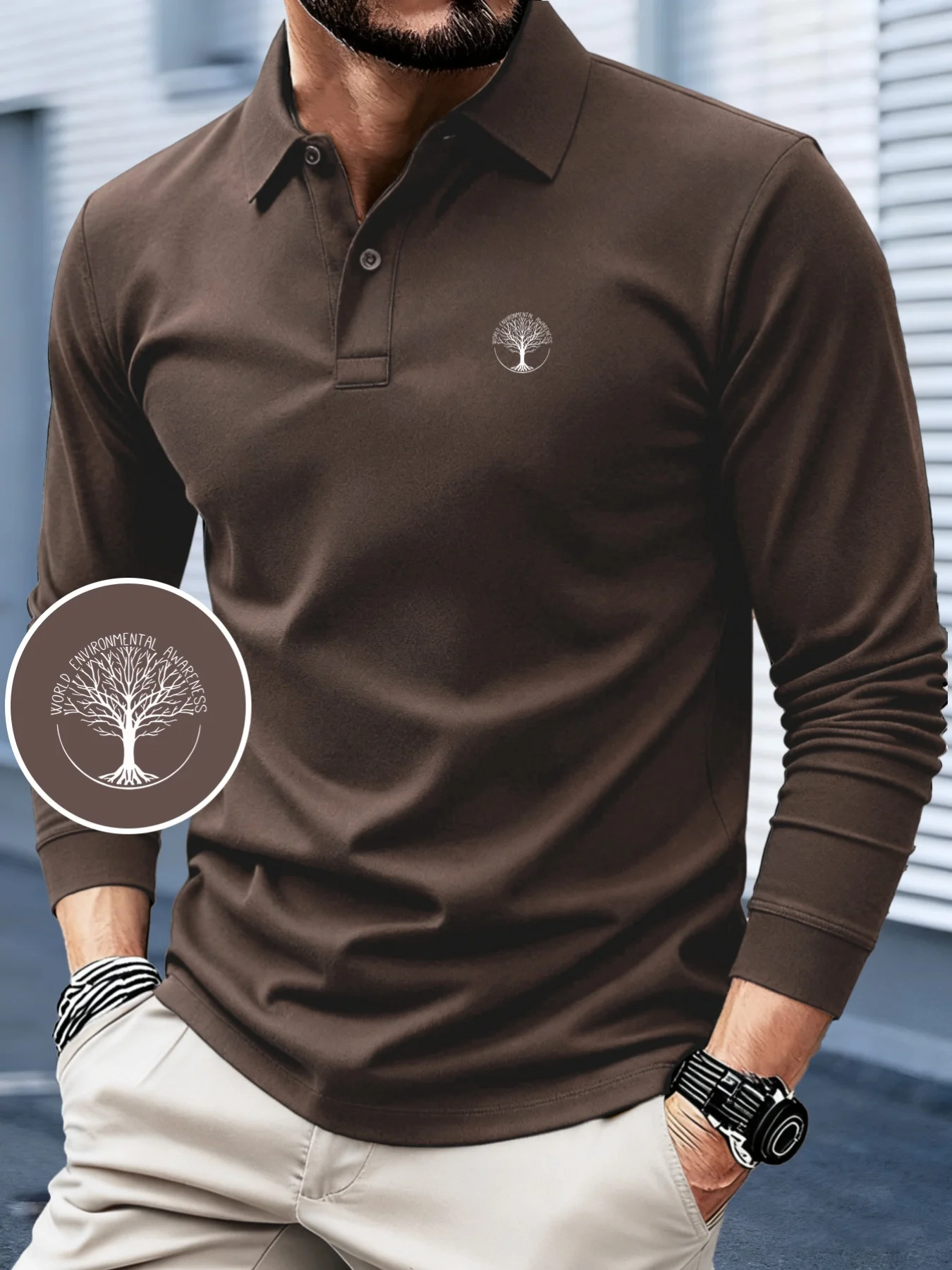 Men's Long-Sleeve Polo Shirt for Autumn Minimalist Solid-Color Button-Collar Polo Versatile Top for Business Work and Sports