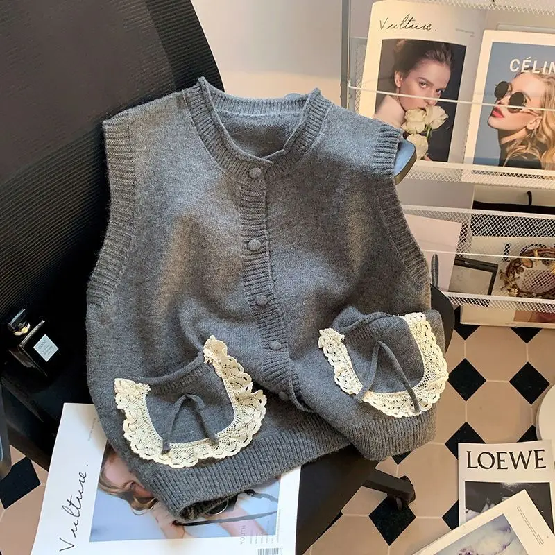 

Милые кружевные вязаные жилеты с карманами, женские осенние новинки 202, свитер, жилет, корейская модная кавайная одежда, трикотаж, жилет