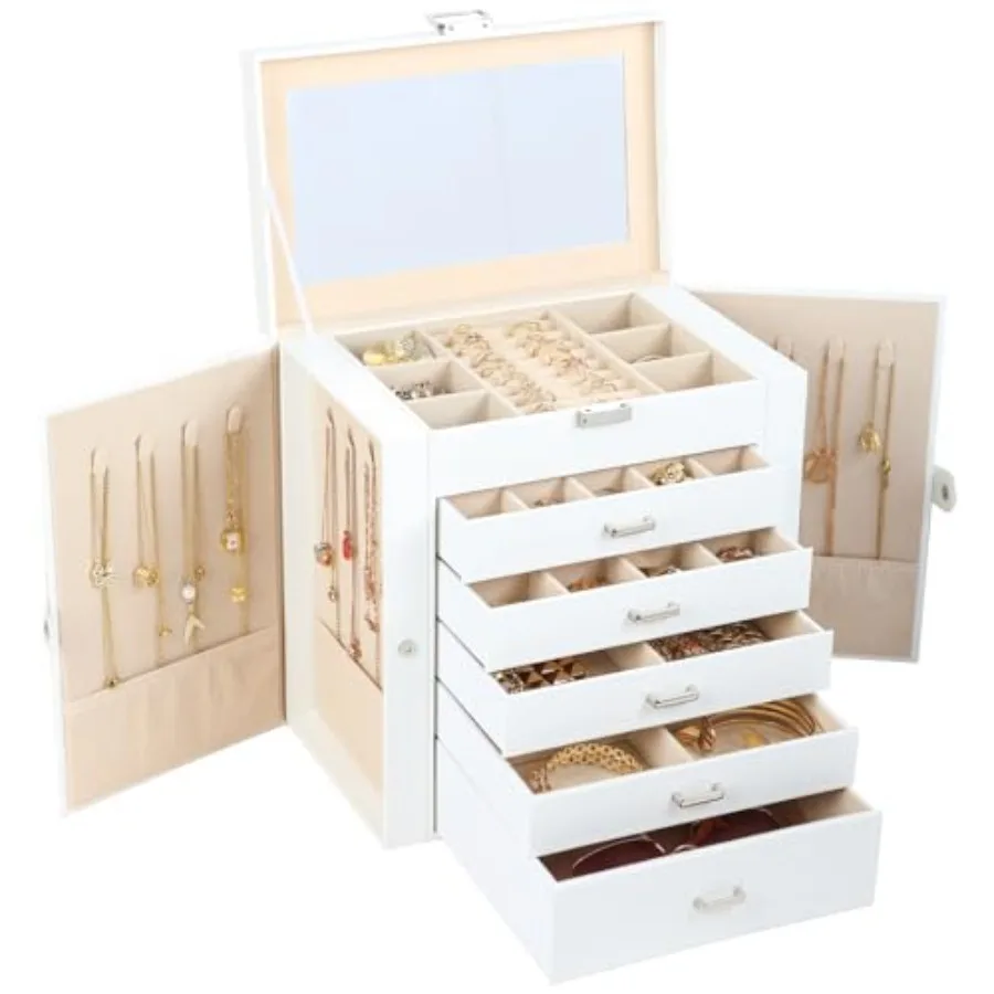 

Шкатулка для драгоценностей для женщин, 6-слойный большой органайзер для ювелирных изделий с зеркалом, многофункциональная коробка для хранения с замком, держатель для ожерелья с 5 D