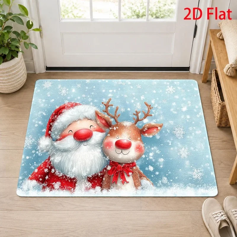 Cute Santa Claus And Reindeer Printed Door Mat, Soft Winter Snow‑themed Floor Rug, Festive Household Entry Mat for Front Door
