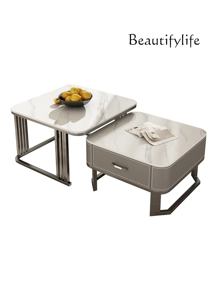 

Italian light luxury glass rock slab square coffee table small apartment modern simple stainless steel size combination