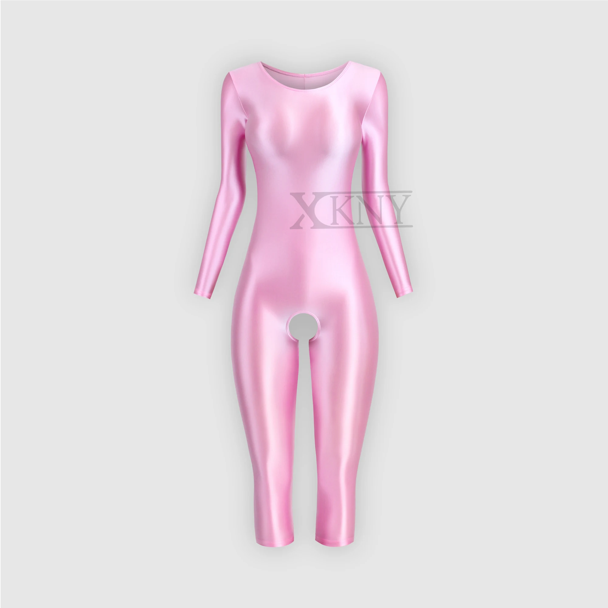 XCKNY satin glossy tights oily silky round neck suit Yoga Leotards long sleeved 7-point length open pants tights unisex swimsuit