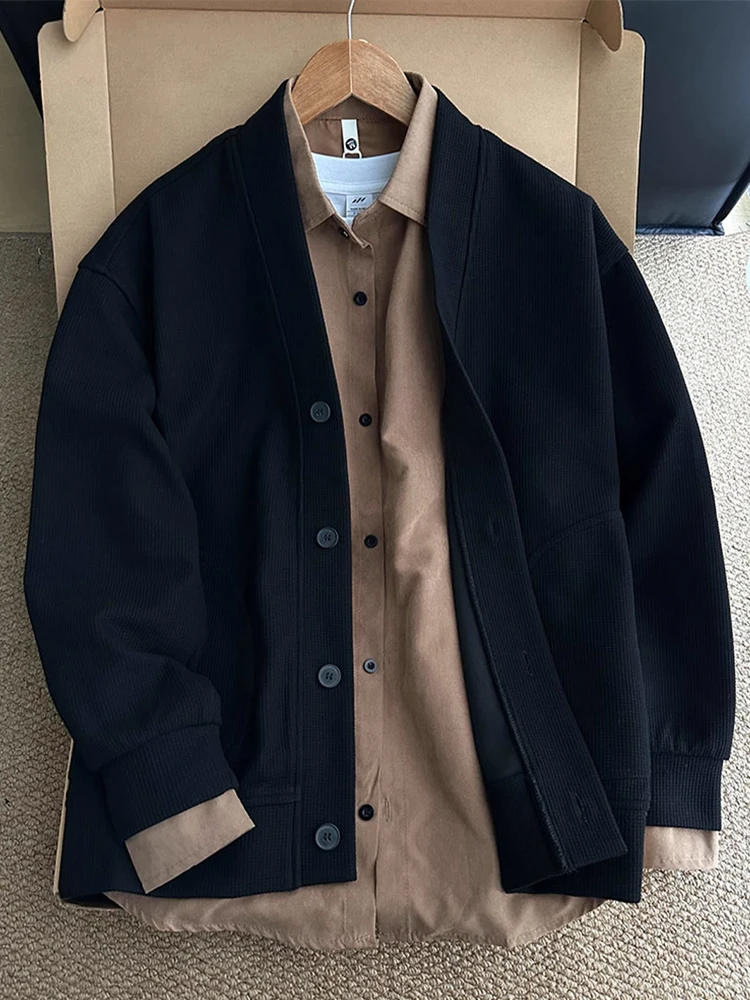 

Bla Knitted V-Ne Cardigan Jaet Men's Autumn American Lazy Chic Sweatirt Wer Pattern Hatl Jaet Layering