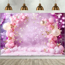 Butterfly Balloon First Birthday Background for Photoshoot Pink Flower Glitter Happy Birthday Party Decoration Wedding Birthday