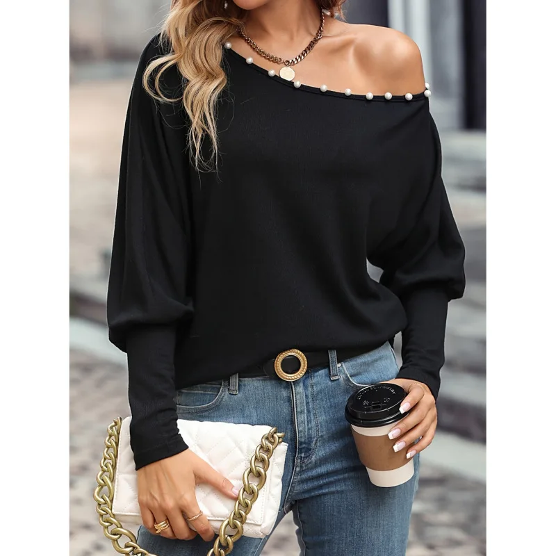 2023 New Autumn Fashion Pearl Oblique Neck Off Shoulder Long Sleeve Temperament Commuting Loose and Slim, Unique Women\'s Top