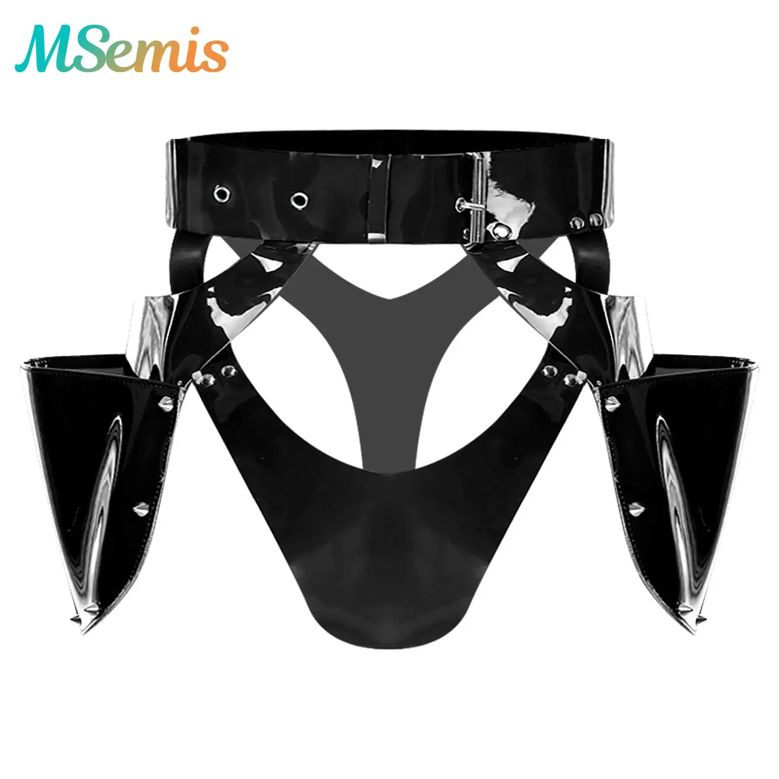

Womens Gothic Glossy Latex Underwear Sexy Cosplay Panties Adjustable Waist Cutout PU Leather Briefs Side Pockets with Studs
