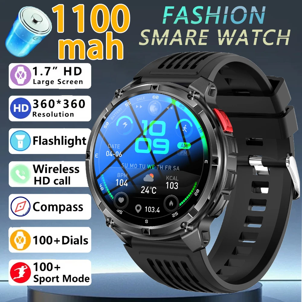 

Умные часы высокого уровня внешнего вида, большой аккумулятор 1,7 дюйма, 1100 мАч, светодиодный фонарик, спортивный компас для звонков на открытом воздухе BT, монитор здоровья