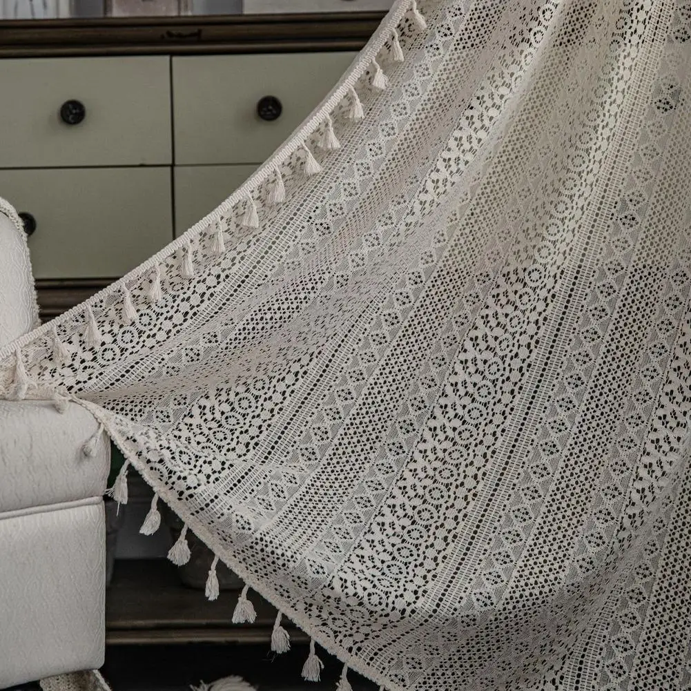 Boho Tassel Crochet Curtains for Living Room,Vintage Rod Pocket Curtains Geometry Striped Knitted Lace Light Filtering Curtains