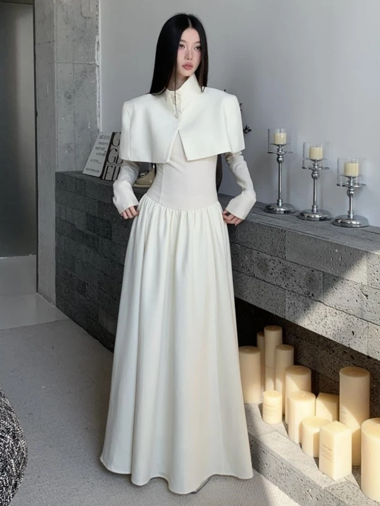 Sexy Square Neck High Waist A-line Long Dress With Cape Shawl Women White Long Sleeves Slim Dresses Elegant Evening Party Gowns