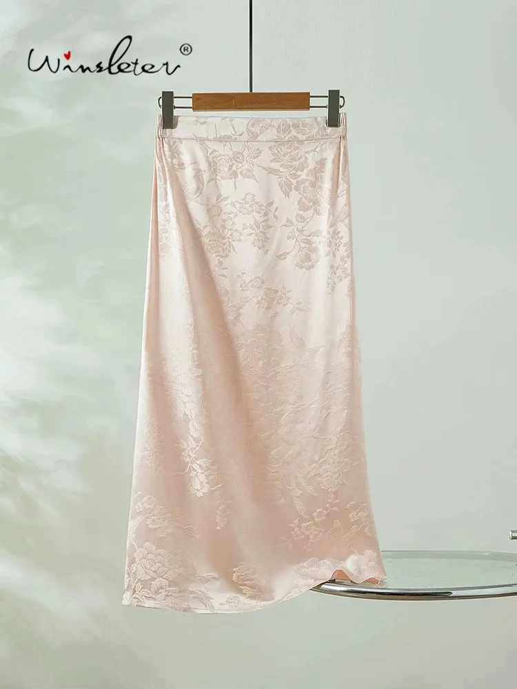Winsleter-100%Real Silk Elegant Skirts, Elastic Waist Jacquard, Women Retro Temperament Straight Skirt, 2026 Autumn New B68735CC