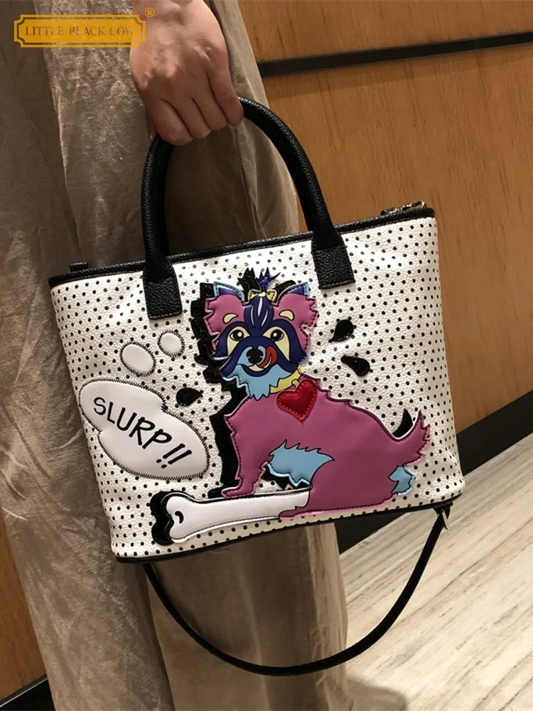 

New Designer Women Dot Printed Casual Totes Kawaii Dog Pu Leather Shoulder Bag Large Capacity Strap Crossbody Bags Lady Handbag