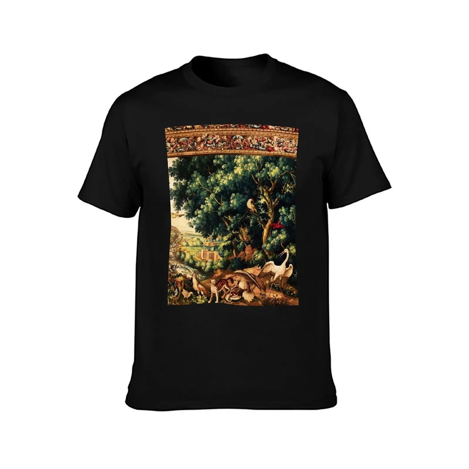 WILD ANIMALS, BIRDS AND WATERFALLS IN WOODLAND Picturesque Flemish Tapestry T-Shirt Tough Fabric Work Tee T-Shirt