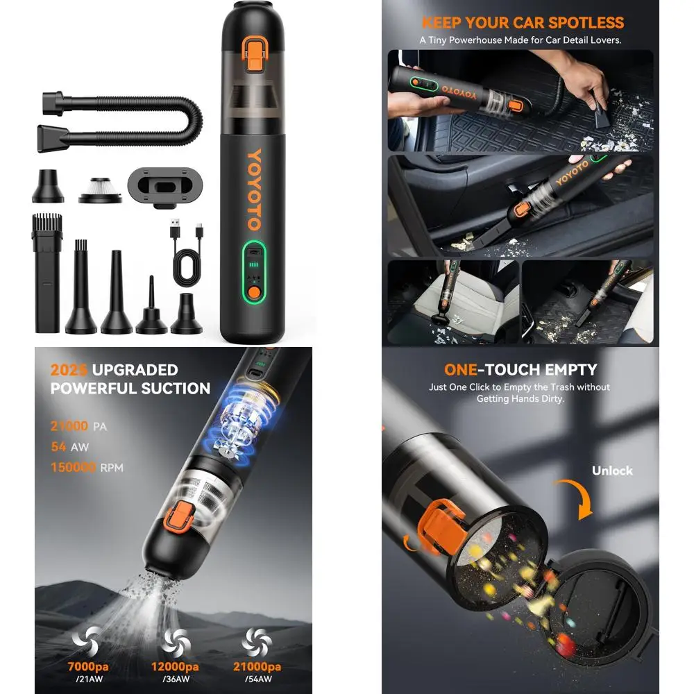 

High-Powered 21000Pa Handheld Vacuum Cleaner with 3 Accessories, 4-in-1 Portable, Rechargeable for Car and Home Use (Black)