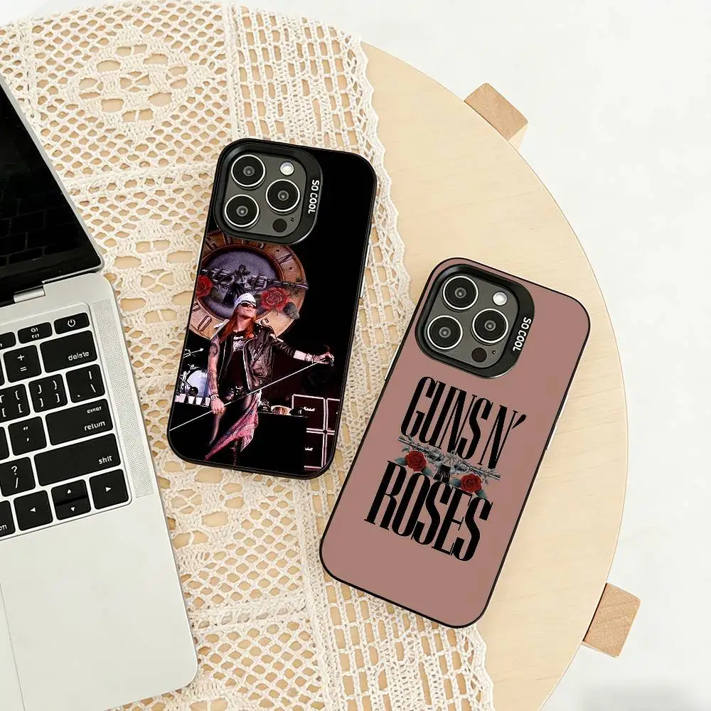 Funda para Teléfono G-Guns N A-Axl Rose Roses para iPhone 17, 16, 15, 14, 13, 12, 11 Plus, Pro Max, XS, Color Plateado