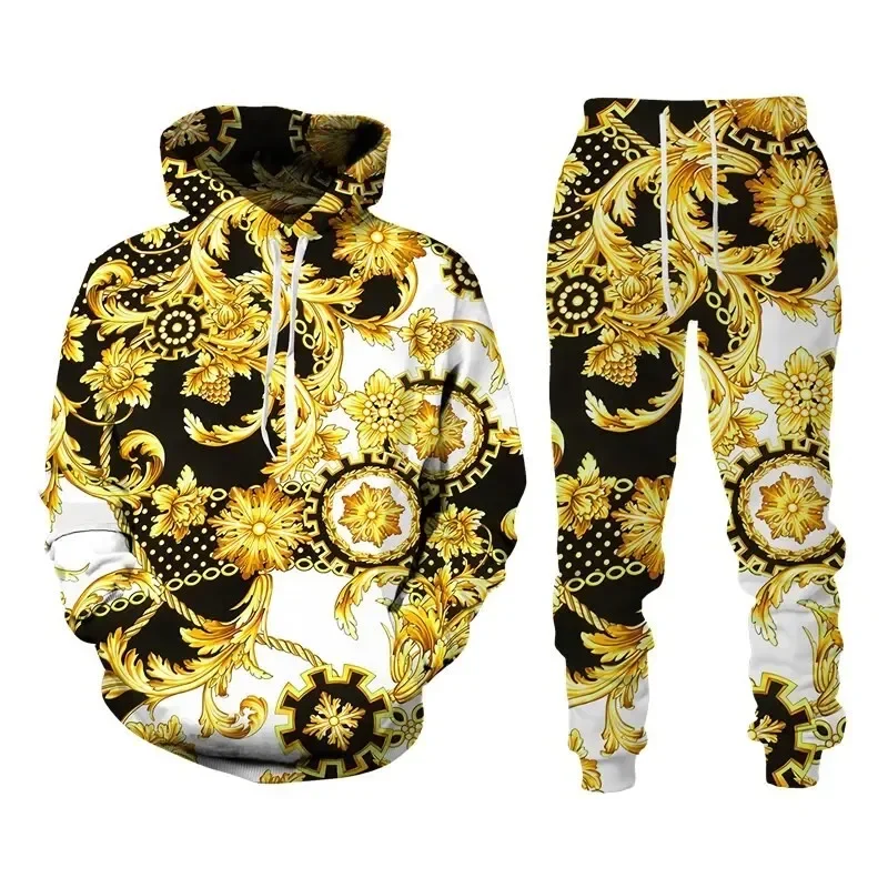 2023 New Fashion Luxury Golden Pattern Sweatshirt 3D Print Hooded Sweatshirt Pleasure Sportswear Trousers Suit Men's clothing