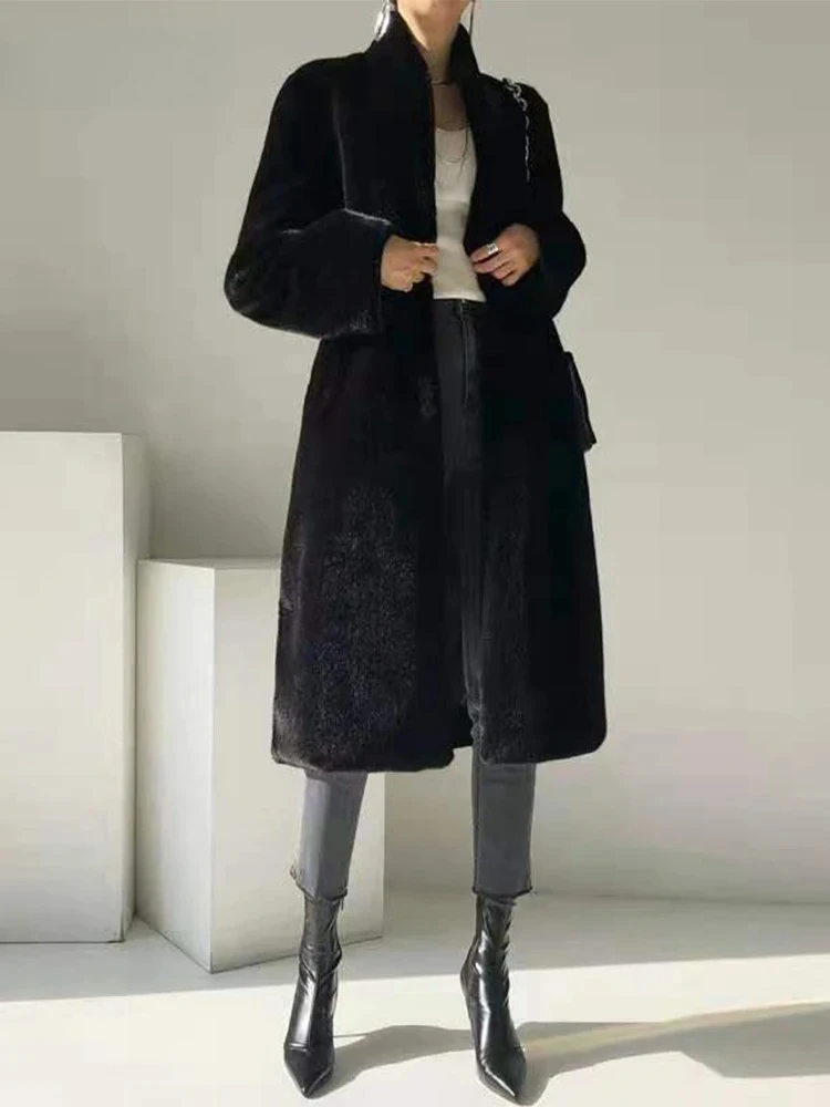 Winter Long Black Luxury Elegant Stylish Thick Warm Fluffy Hairy Soft Faux Mink Fur Coat Women Stand Collar Sashes 2023