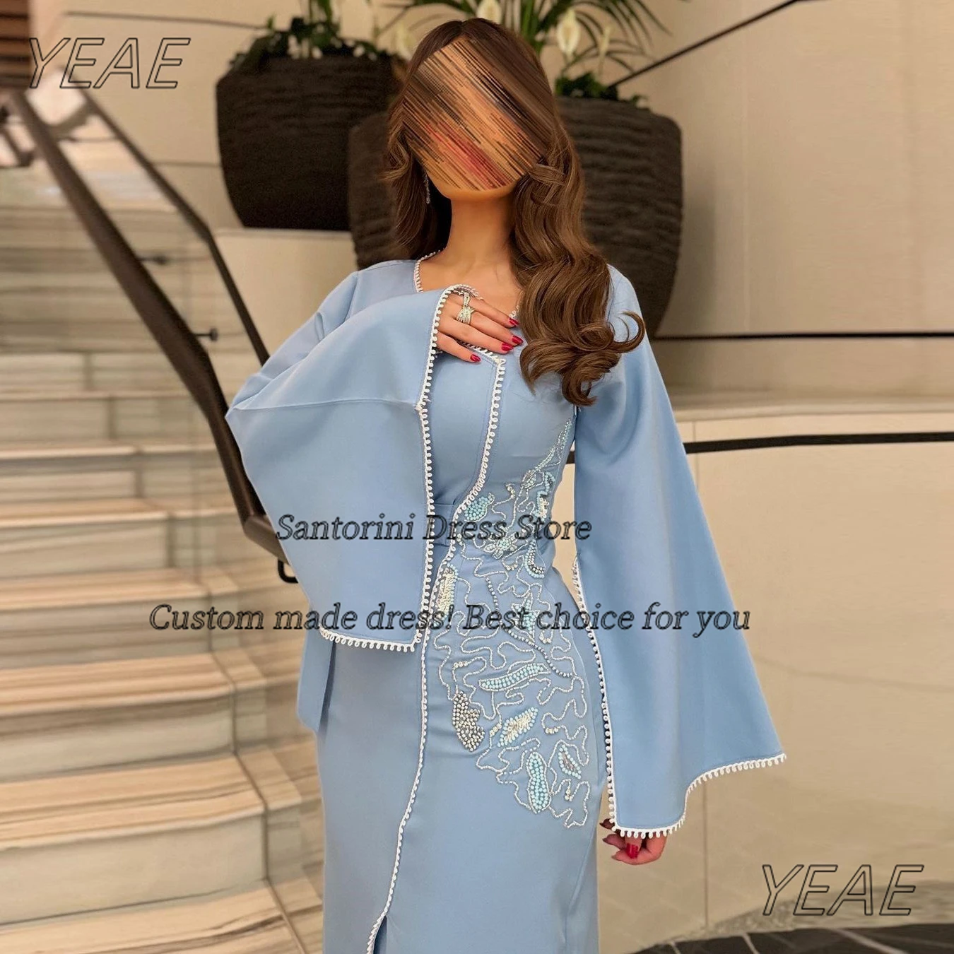 Santorini Robe Des Marrige V Neck Long Sleeves Prom Dresses 2024 Handmade Beading Side Slit Birthday Party Evening Gowns