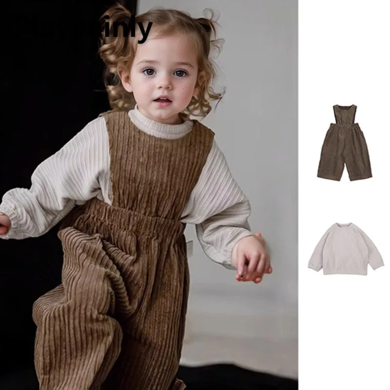 

2025 Spring Autumn Children Retro Corduroy Overalls Brown O-neck Sleeveless Jumpsuit Rompers Fashion Versatile Kids Wear A5298