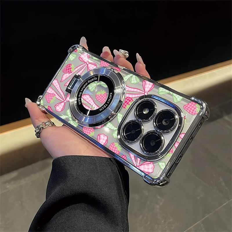 

Holder Stand Phone Case For OPPO Reamle 15 14 13 Pro Plus 16 Pro 15T Soft Plating Shockproof Strawberry Bow Knots Print Cover