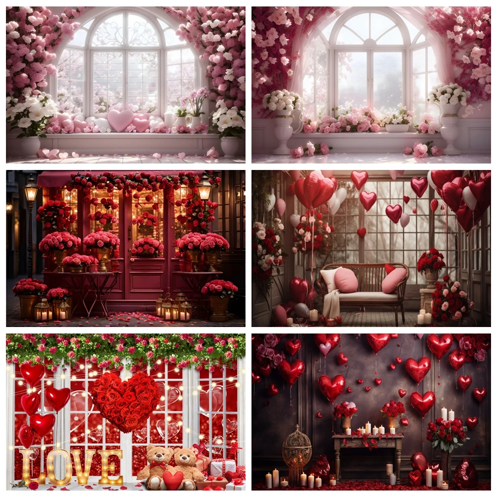 

Valentine's Day Photography Backdrop Window Flower Red Love Heart February 14 Romantic Valentine Wedding Party Photo Background