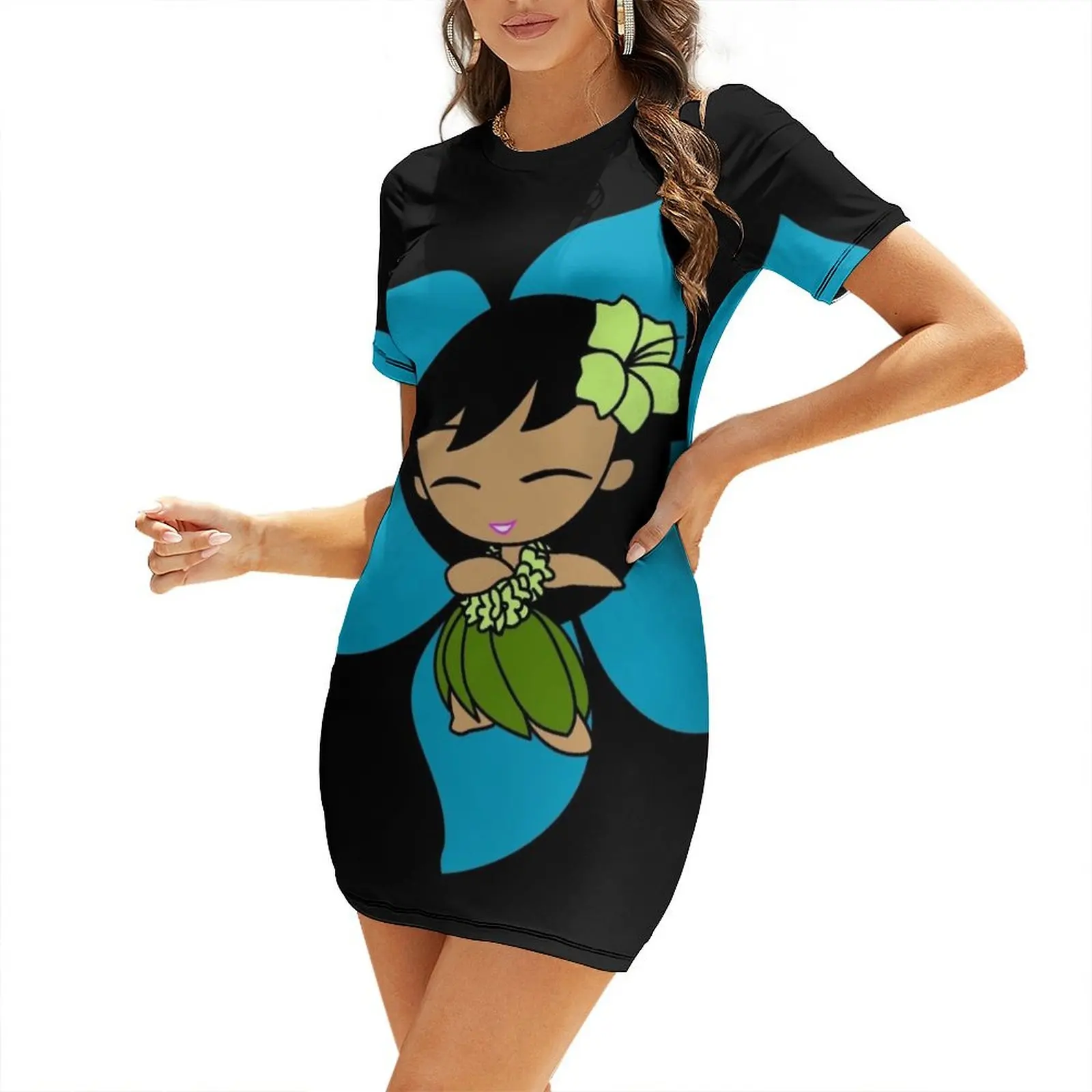 

Aloha Honeys Hawaiian Hibiscus Hula Girl - Turquoise Short Sleeved Dress Dresses gala clothes