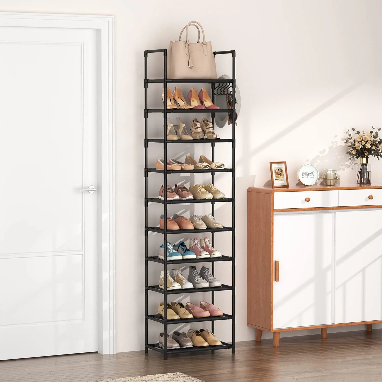 AOLIVIYA Door Entrance Shoe Rack Hallway Cabinet Iron 10 Tier Black Single Row Stand