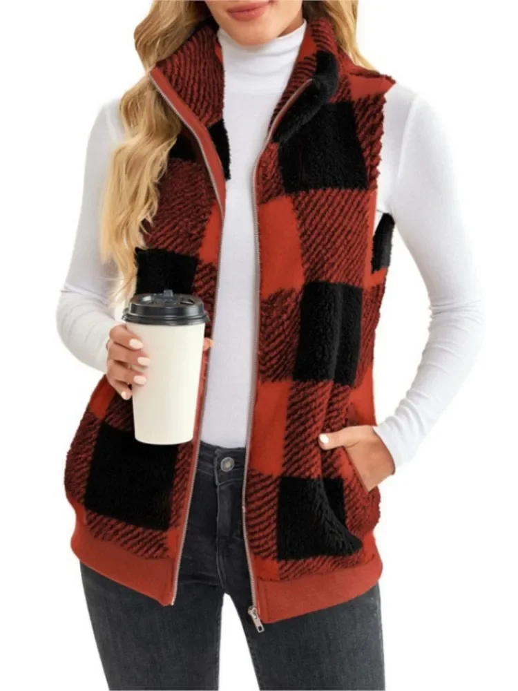 

Female Office CoatAutumn Winter Plaid Fleece Hoodie Vest Women's Cardigan Fashion Stand Collar Simple Casual Pocket Sleeveless