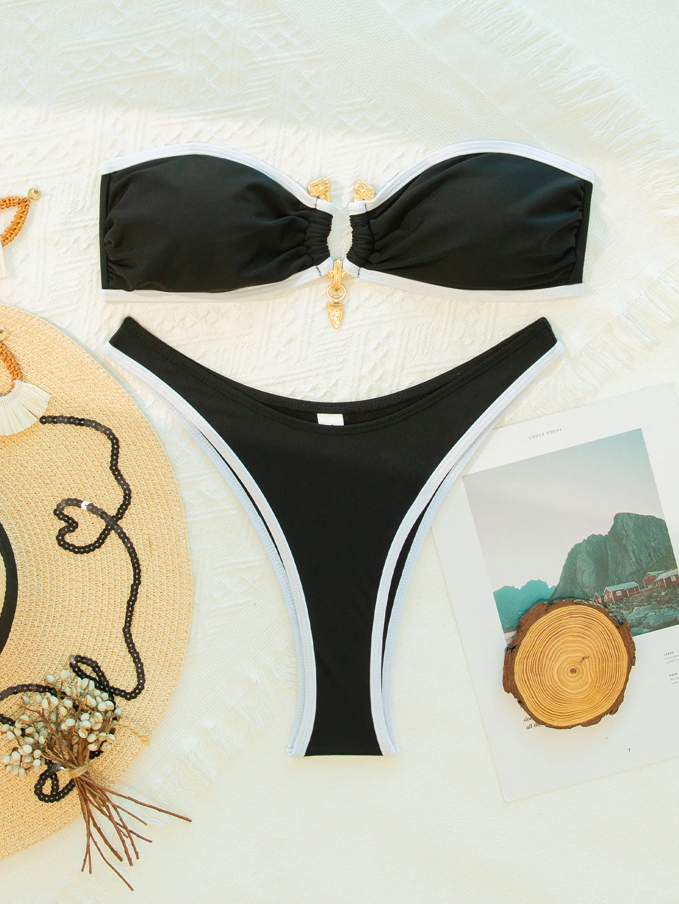 

Sexy Black Bikini 2025 Two Pieces Swimsuit Female Swimwear Women Thong Bikinis Set Luxury Metal Designer Beachwear Bathing Suit