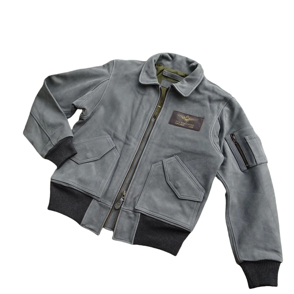 

Grey Winter Pilot Leather Jacket Men Military Style Plus Size 4XL Genuine Natural Cowhide CWU-45P Flight Leather Coat