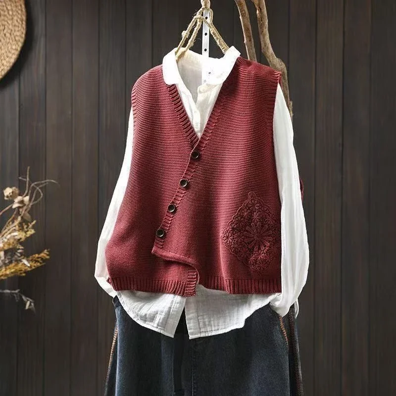 Lace Patch Oblique Placket Knitted Vest for Women New Cardigan Autumn Loose Spring and Autumn Waistcoat