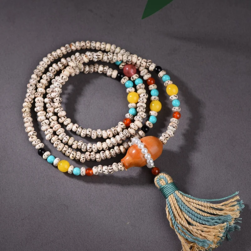 Natural Moon Bodhi Multi-Loop Bracelet With Olive Stone, Gourd, Hand-Twisted Cotton Thread, And Tassels
