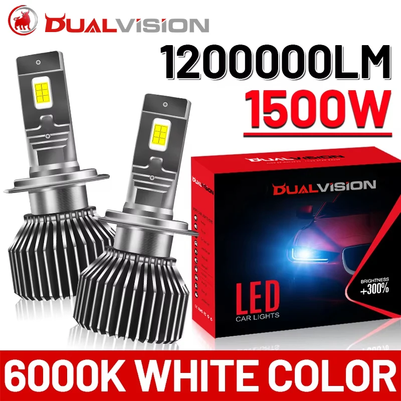 Dualvision H4 H7 LED Canbus H11 H1 9005 HB3 9006 HB4 9012 LED Headlight 1500W High Power 1200000LM 4300K 6000K Car Headlamp Bulb